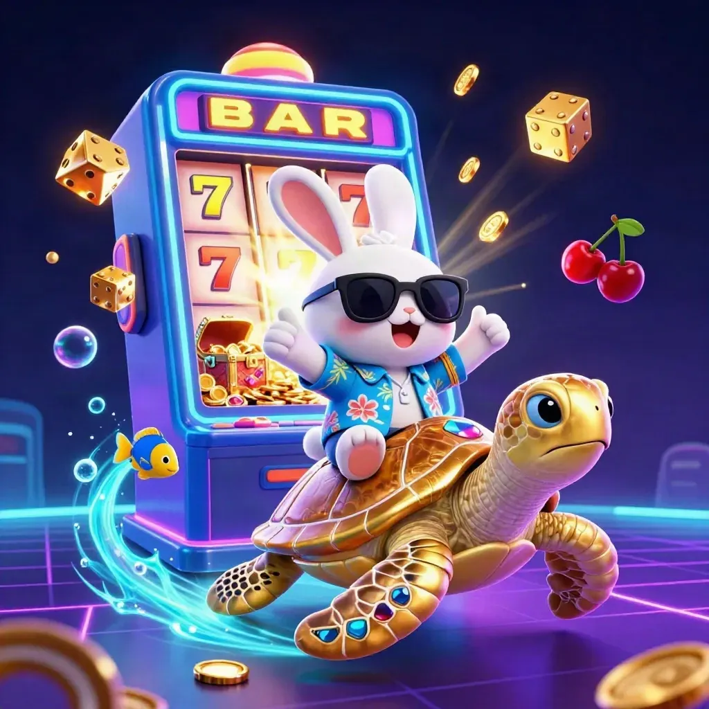 Lucky rabbit on a gem turtle amid casino treasure bursts, neon ocean glow, slot machine energy
