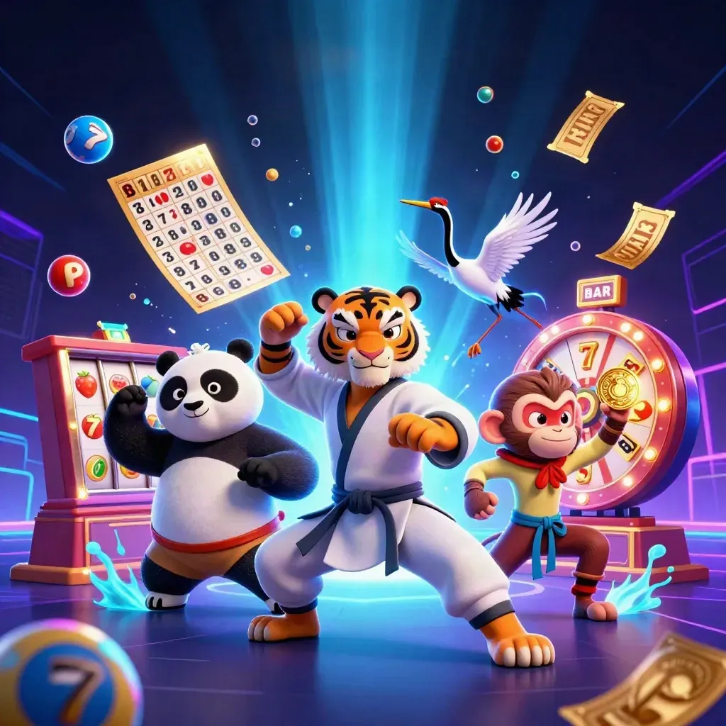 Kung-fu tiger, panda, and monkey amid casino relics, glowing gold and blue on a dark neon grid.