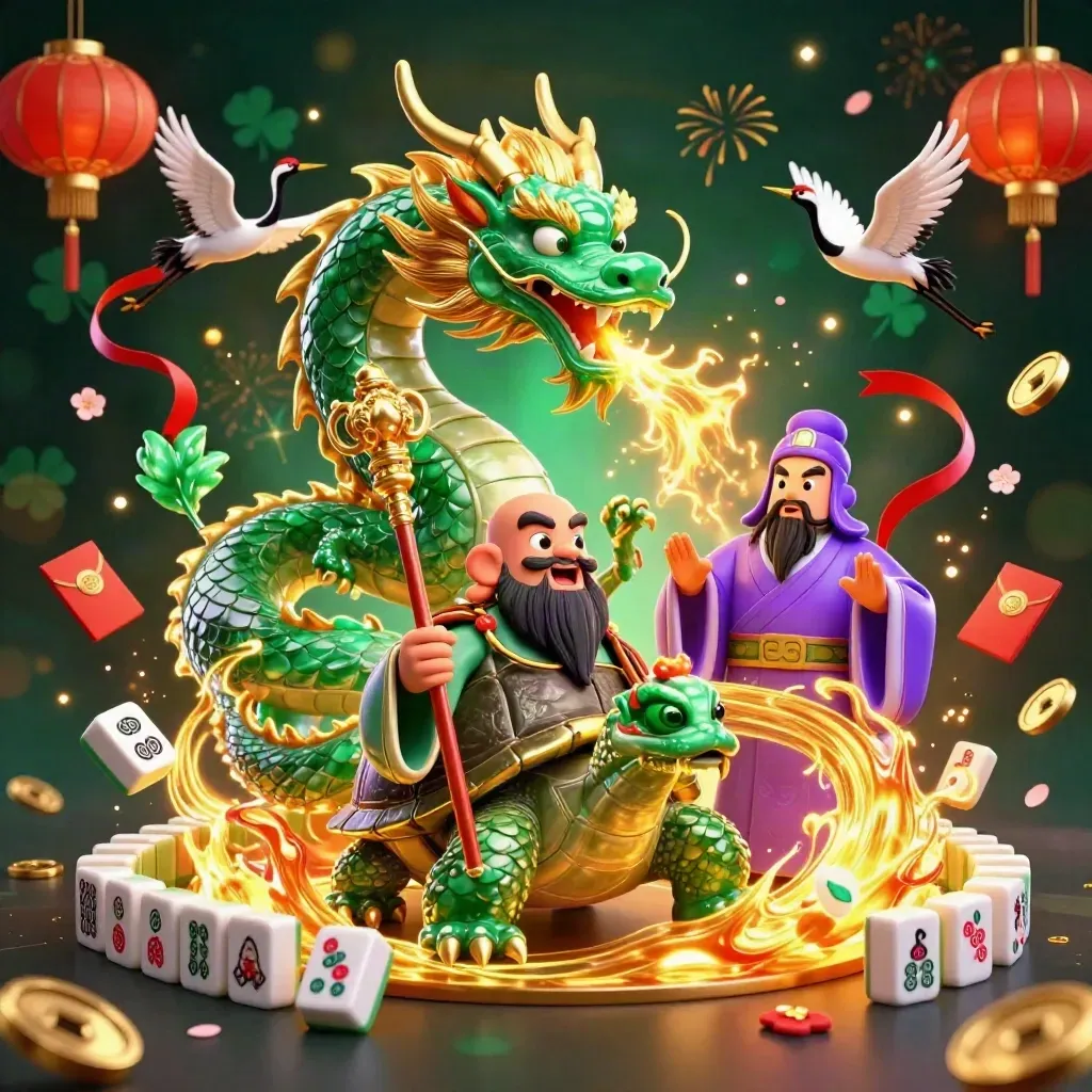 Emerald dragon, turtle sage, and cranes amid gold fire, coins, lanterns, and neon casino glow.