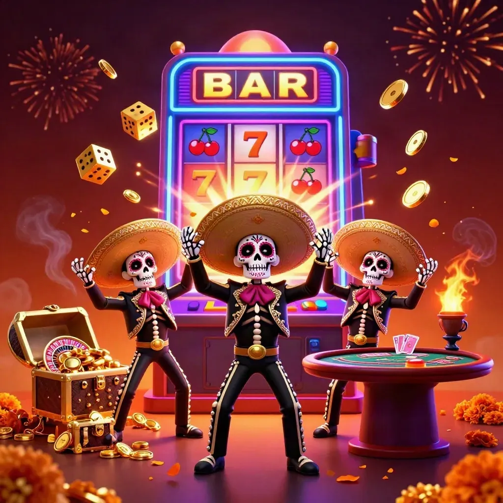 Three skeleton mariachi performers amid jackpot bursts, coins, dice, roulette, and fiery casino glow.
