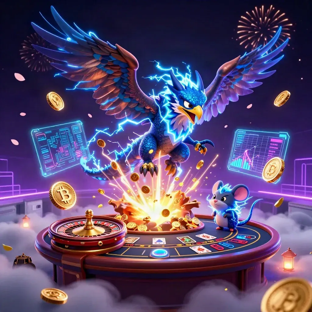 Thunder dragon, wind hawk, and crackling mouse burst from a neon vault amid coins and casino symbols.