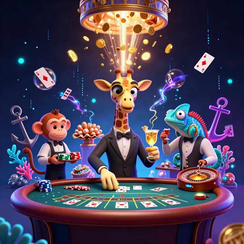 Giraffe, monkey valet, and chameleon bartender amid casino treasure, coins, coral, and neon glow.