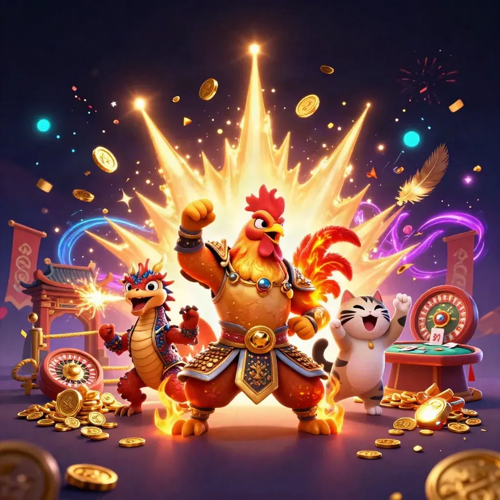Rooster warrior, spark-breathing dragon hatchling, and cheering fortune-cat amid jackpot treasure and neon casino effects.