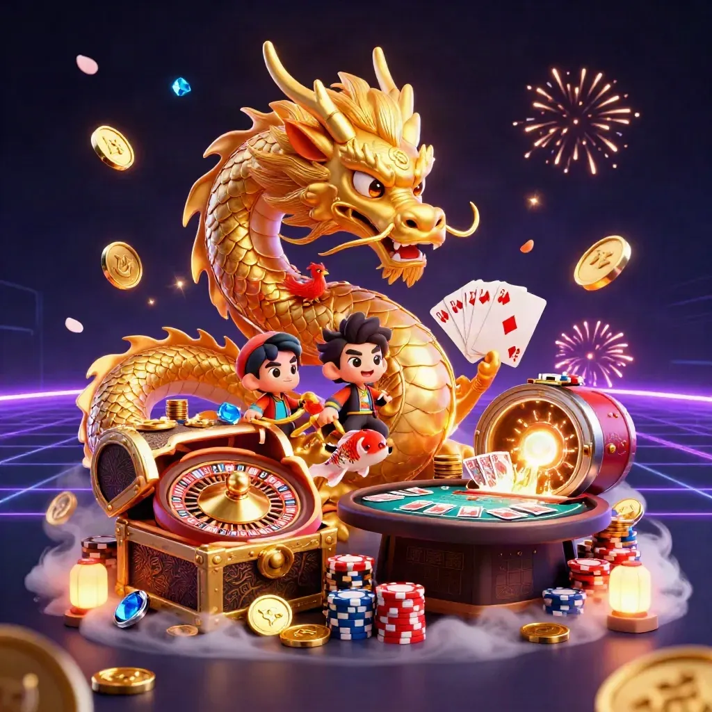 Golden dragon, phoenix, koi, coins, roulette wheel and cards exploding in neon casino light