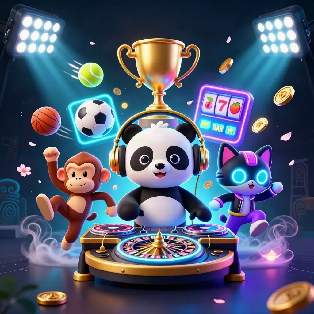 DJ panda, dancing monkey, and rave kitten amid casino lights, coins, and slot symbols