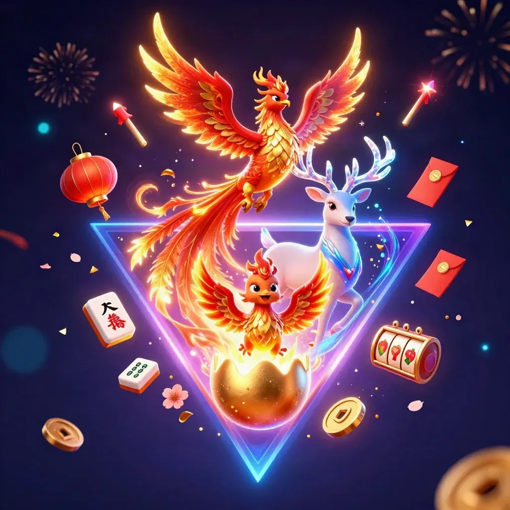 Fire phoenix, baby phoenix, and crystal-antler stag amid slot symbols and glowing casino effects.