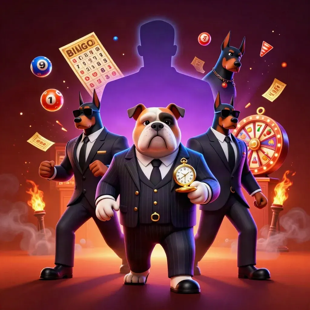 Cartoon bulldog boss with two Doberman guards amid casino reels, balls, tickets, and firelight.
