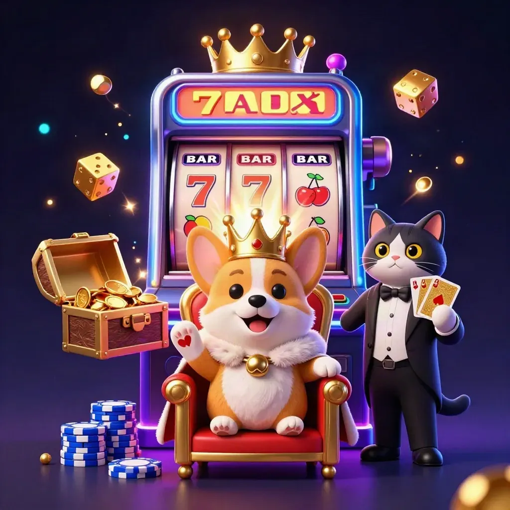 Royal corgi and cat butler on a chip throne amid slot symbols, jackpots, and gold glow.