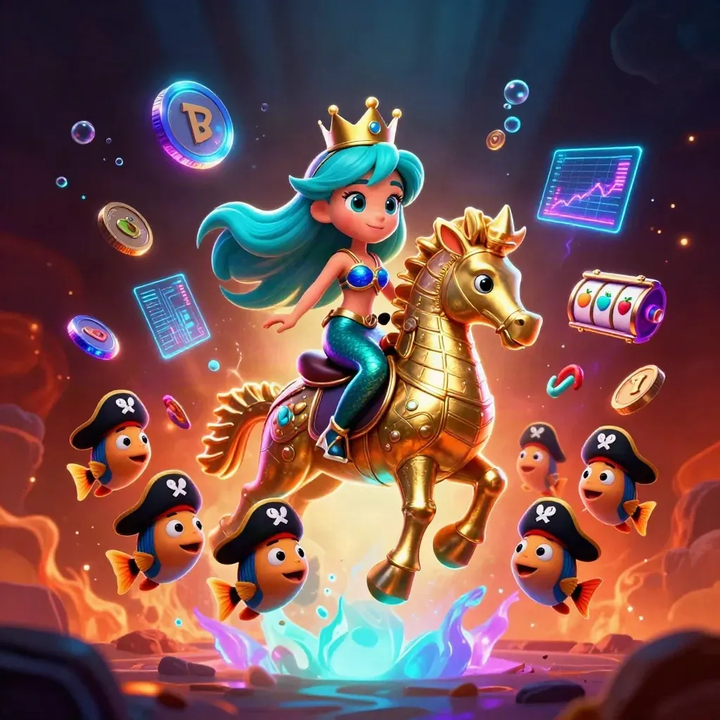 Mermaid princess on armored seahorse amid pirate fish, crypto coins, slot symbols, and neon underwater glow.