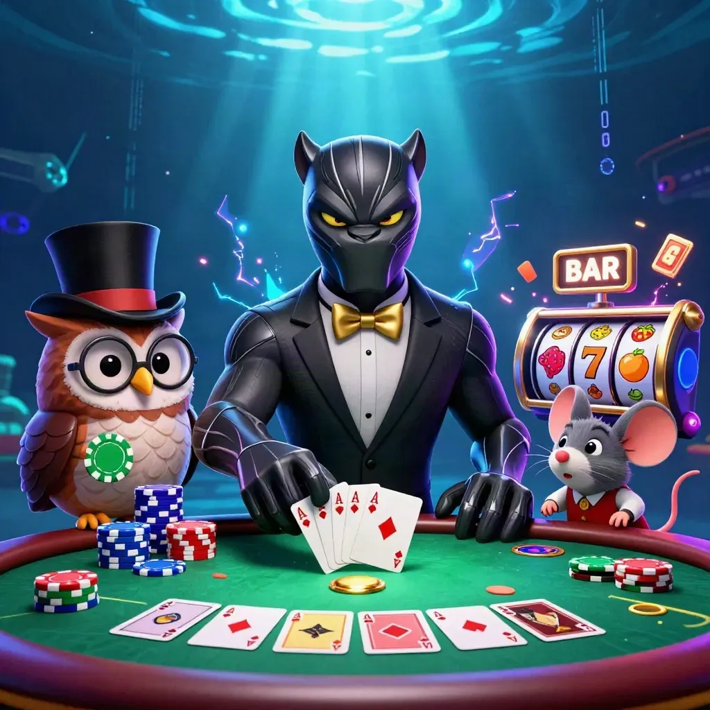 Panther, owl, and mouse amid chips, cards, reels, and neon casino effects.
