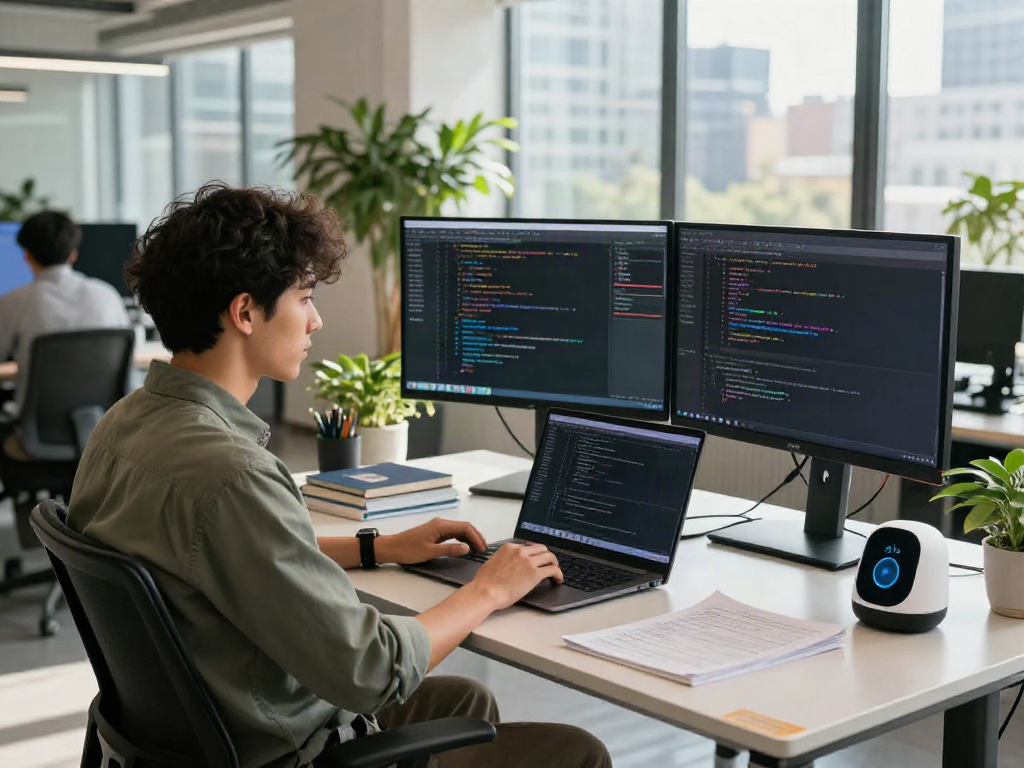 Software engineer working on crushon ia AI algorithms in a modern workspace.