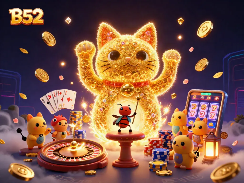 Experience the thrill of B52 with golden fireflies and casino symbols in a vibrant 3D scene.