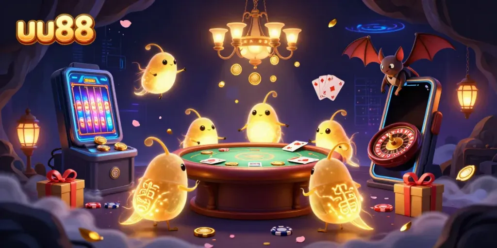 Experience the vibrant glow of uu88 in a lively 3D cartoon casino featuring glowworms, a bat dealer, and interactive games.