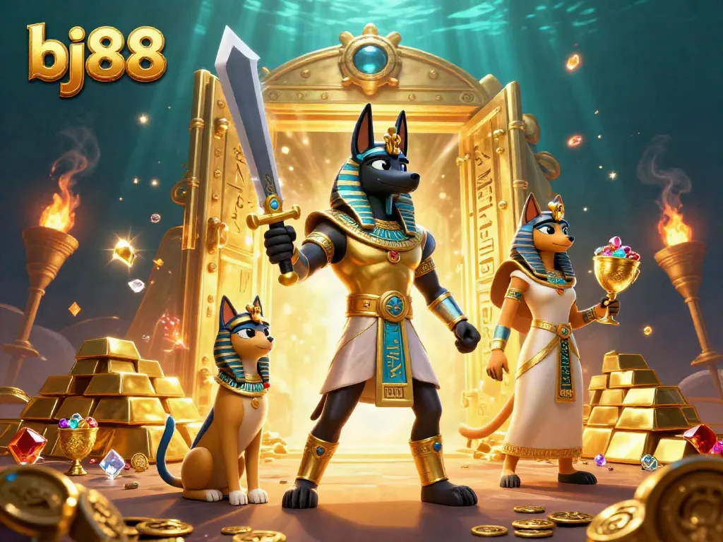 Experience thrilling games at bj88 with Anubis and treasures in a vibrant casino scene.