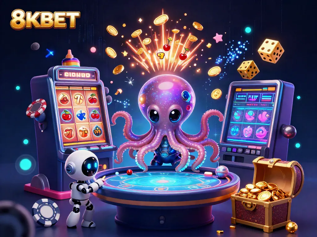 Join the exciting action at 8KBET, featuring a playful alien octopus and a robot amidst dazzling casino games!