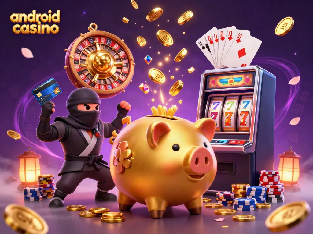 Join the action with this dynamic android casino scene featuring a golden piggy bank and colorful game elements.