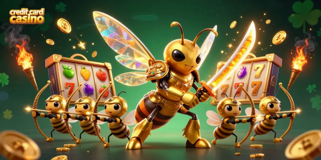 Experience the excitement of credit card casino games with a vibrant 3D illustration featuring a golden hornet and slot machines.