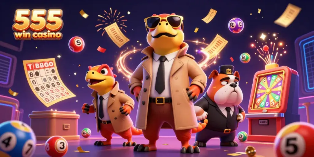 Experience the excitement of 555 win casino with animated raptors in a trench coat entering a VIP lounge