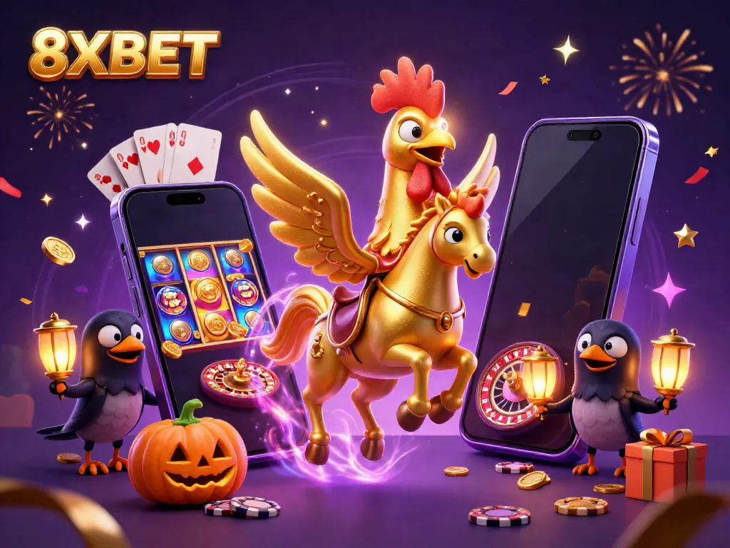 Experience gaming excitement with 8XBET as a golden rooster rides through a lively casino filled with vibrant visuals and action.