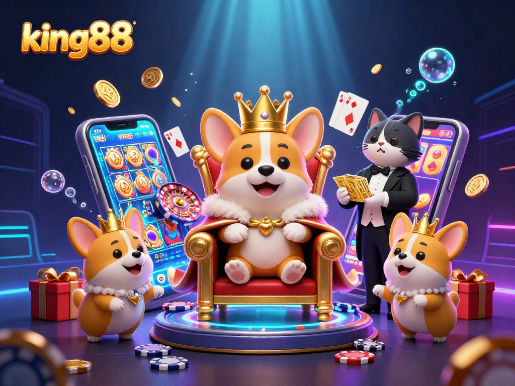 Engage with king88's vibrant casino scene featuring a royal corgi on its throne amid colorful slot games and poker elements.