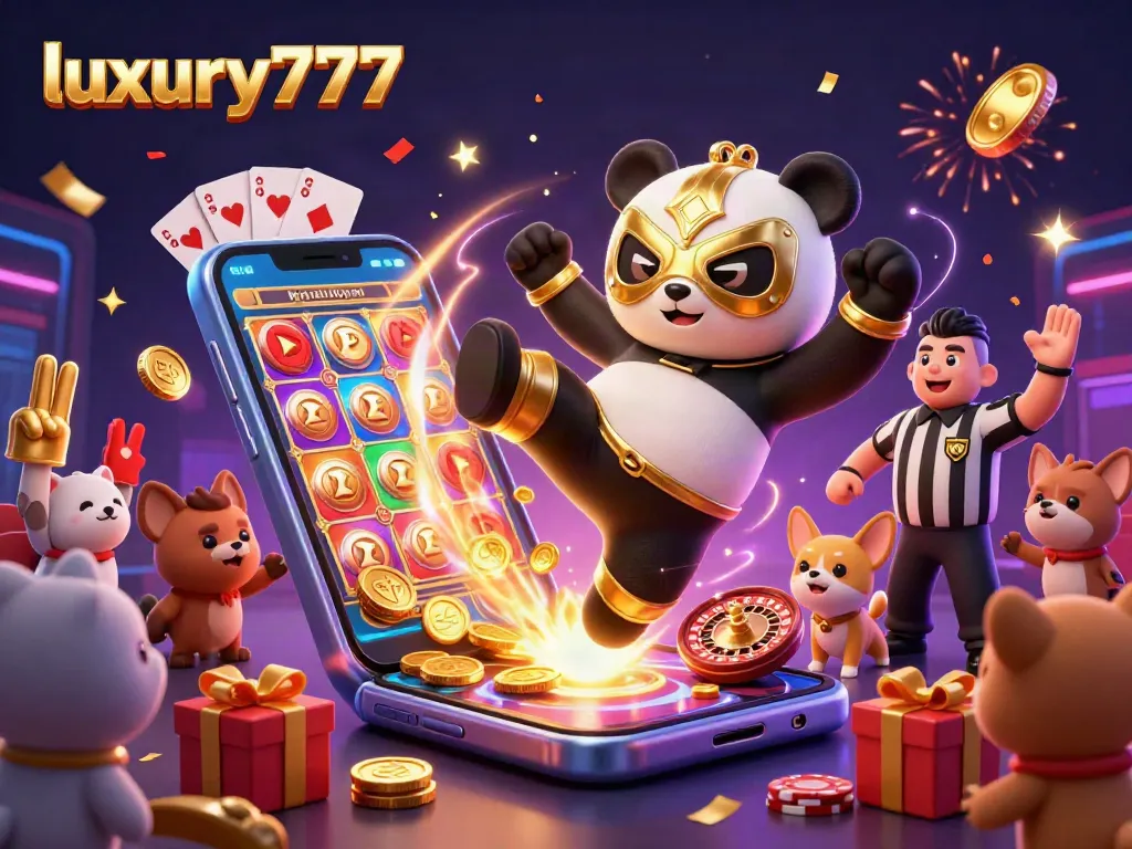 Experience the excitement of luxury777 as the panda wrestler leaps into action amidst thrilling casino elements.