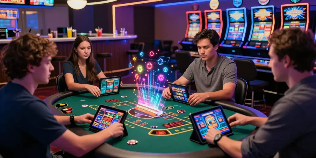 Players at vibrant casinos that accept credit cards enjoying various table games and digital interfaces in a lively atmosphere.