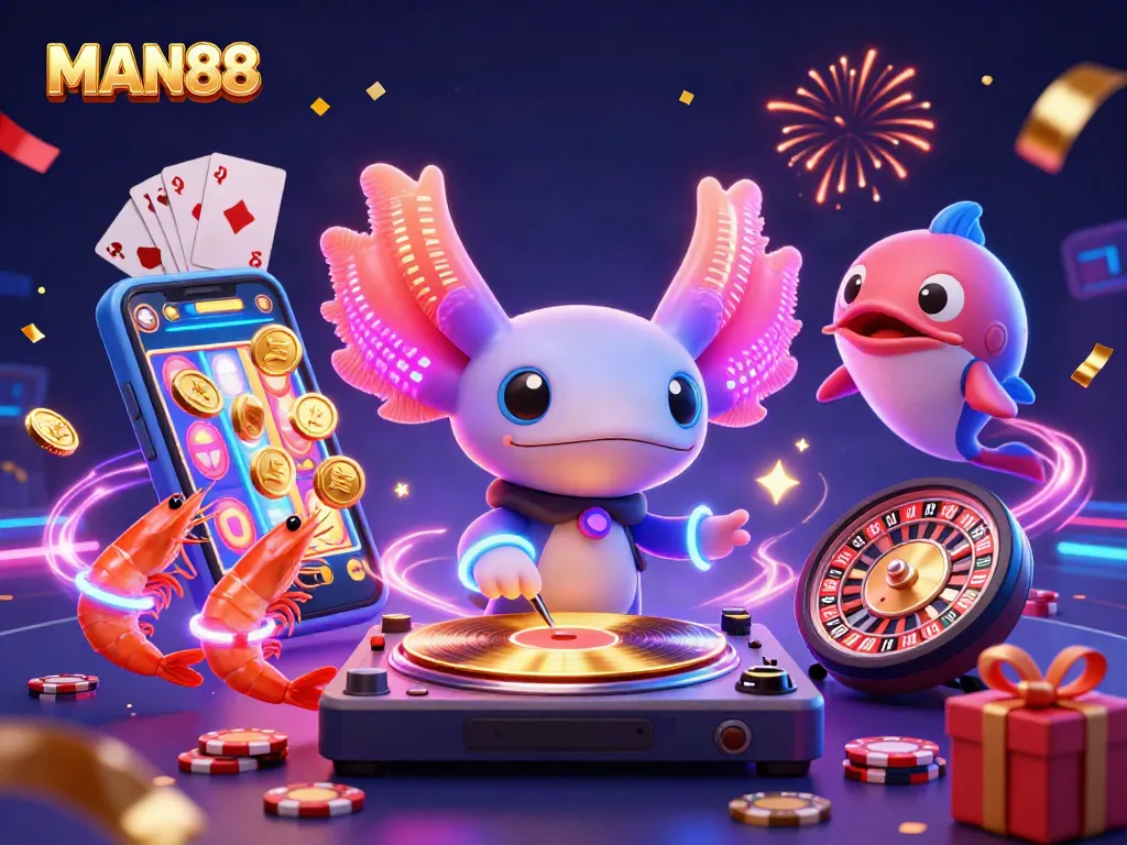 Engage in thrilling casino action at MAN88 with vibrant gaming elements and lively characters.