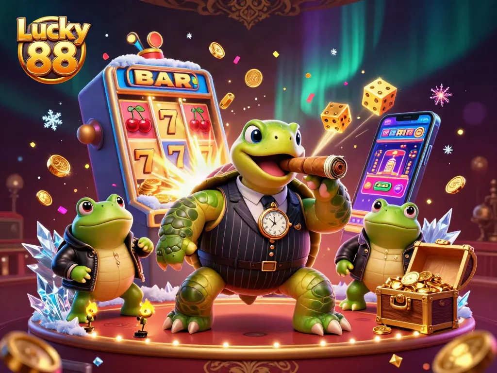 Experience Lucky 88 with vibrant characters, explosive jackpots, and immersive casino details in this dynamic illustration.