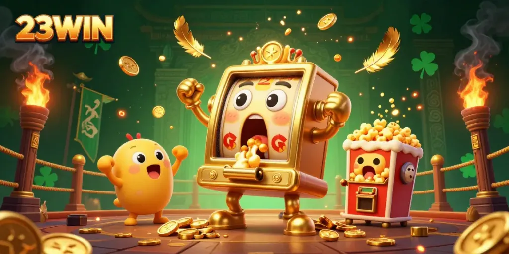 Experience thrilling wins with 23WIN's exciting jackpot scene featuring lively slot machines and golden confetti!
