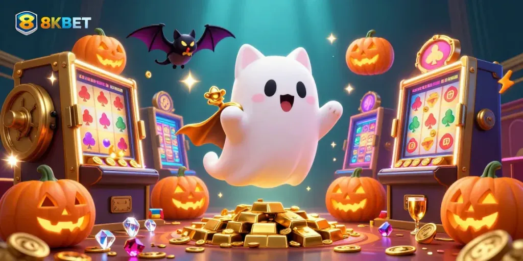 Join the fun with 8KBET's playful ghost cat and vampire bat in a captivating casino scene.