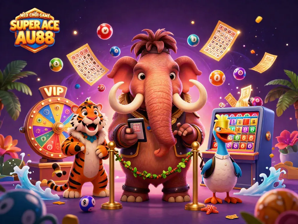 MẸO CHƠI GAME SUPER ACE AU88 featuring a woolly mammoth bouncer, saber-tooth tiger guest, and a dodo bird doorman in a lively casino scene.