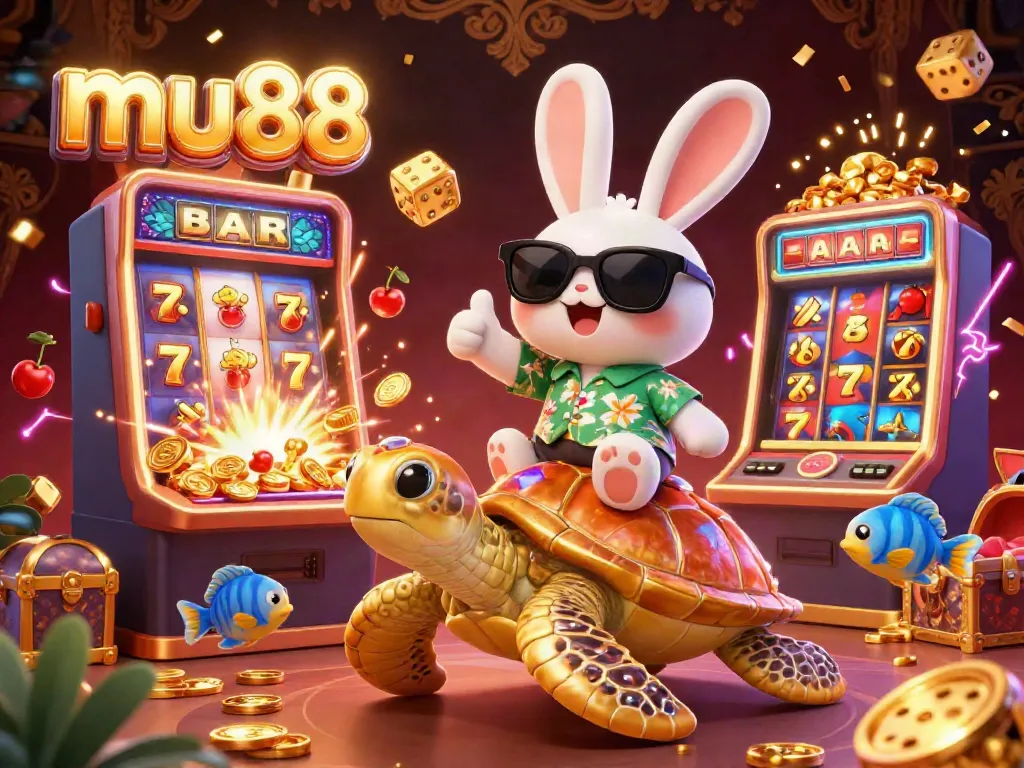 Experience excitement at mu88 with a lively scene showcasing a lucky rabbit and golden sea turtle amidst thrilling casino elements.