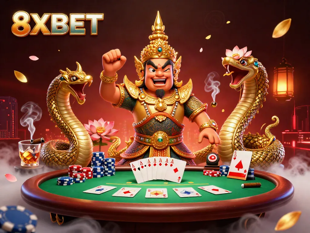 Experience thrilling gameplay at 8XBET with vibrant poker elements surrounded by enchanting guardians.