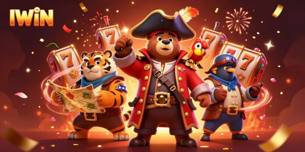 IWIN slots adventure with a pirate bear, tiger, and parrot amidst vibrant casino symbols and festive decorations.