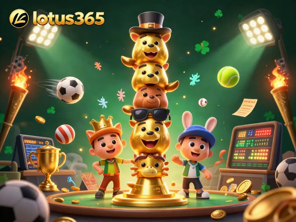 Place your bets with lotus365 at this vibrant 3D casino scene featuring sports elements and golden totem!