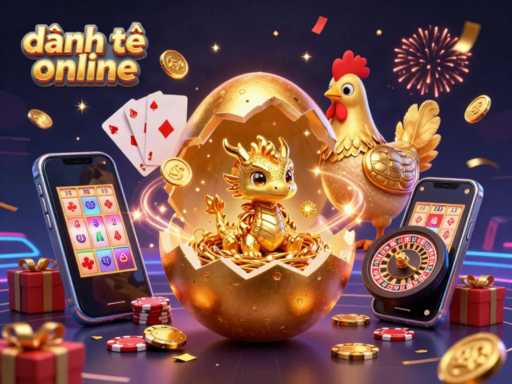 Experience the excitement of đánh đề online with a golden dragon, poker chips, and vibrant casino elements.