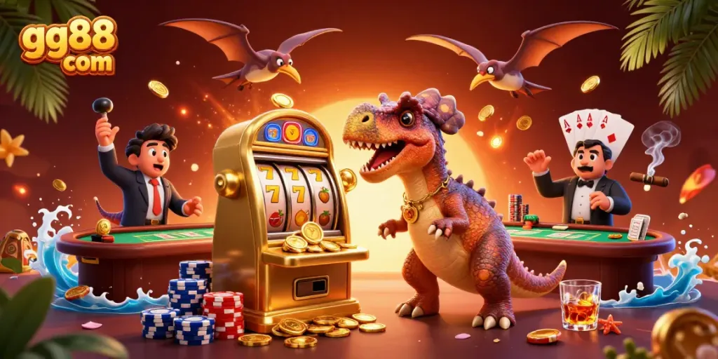 Jackpot coins fly as gg88 com's pachycephalosaurus celebrates a big win at the casino.