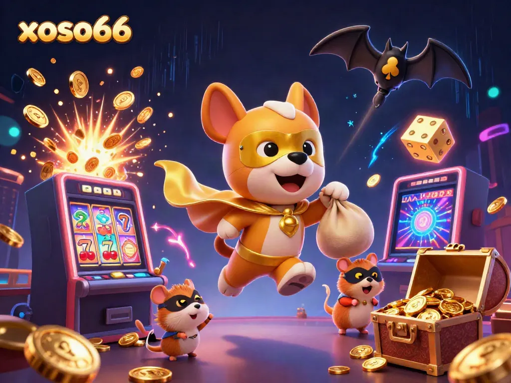 Join the excitement of xoso66 with a superhero dog flying through a dynamic casino scene filled with winning symbols and treasures.