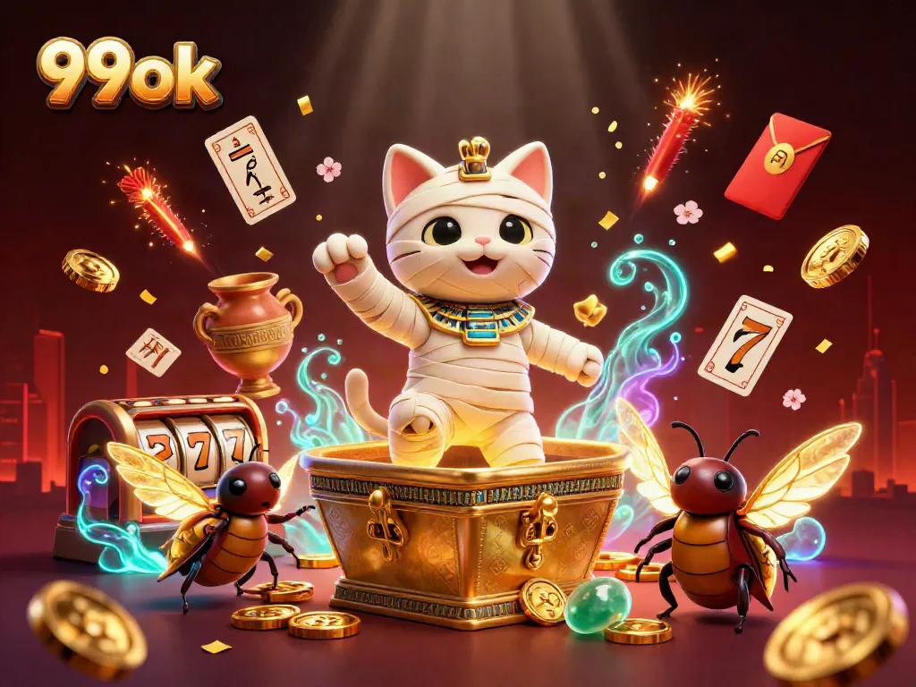 Spin the reels for fortune with the 99ok Egyptian mummy cat in this vibrant casino scene.