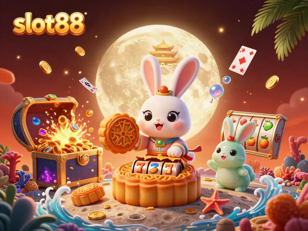 Engage in winning adventures with slot88 as a moon rabbit crushes slot reels surrounded by sparkling treasures.