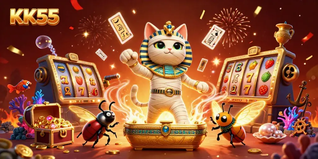 KK55 showcases an Egyptian mummy cat bursting from a sarcophagus in a vibrant casino scene