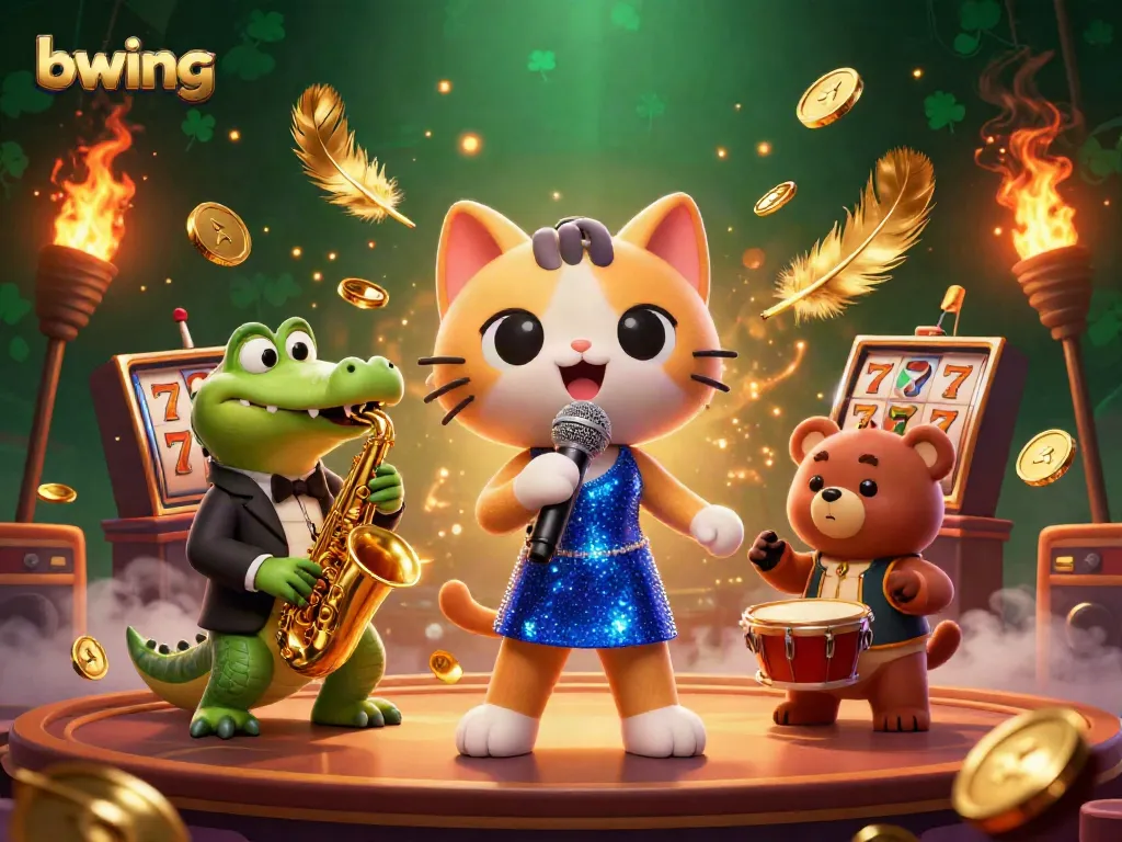 Engage in thrilling gaming with bwing as a 3D jazz-singer cat, crocodile, and bear entertain amidst dynamic slot elements.