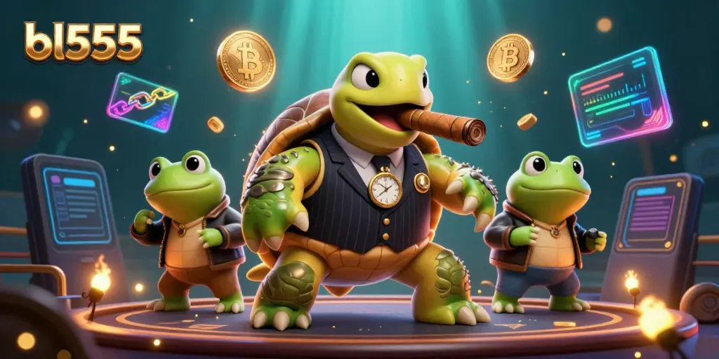 Experience exhilarating gaming at bl555 with a cartoon turtle mobster and bullfrog enforcers.