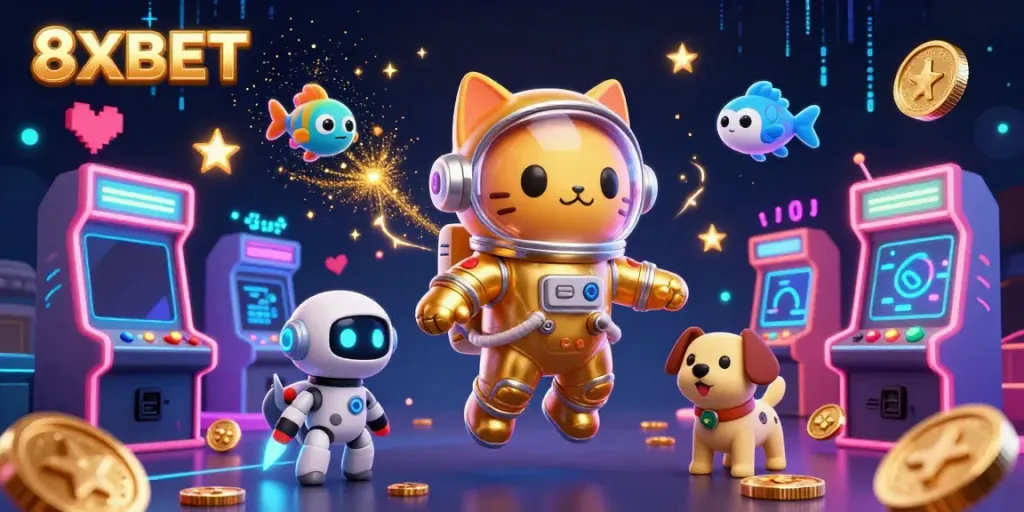Experience vibrant gaming with 8XBET featuring a space cat and robot dog against a cosmic backdrop.