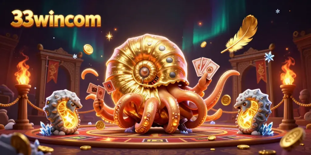 Experience exciting card games in a vibrant 33wincom casino, surrounded by golden coins and colorful game elements.
