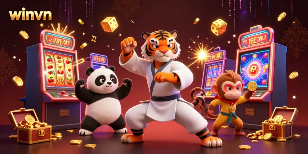 Experience the thrill of winvn gaming with cartoon characters in a vibrant casino setting.