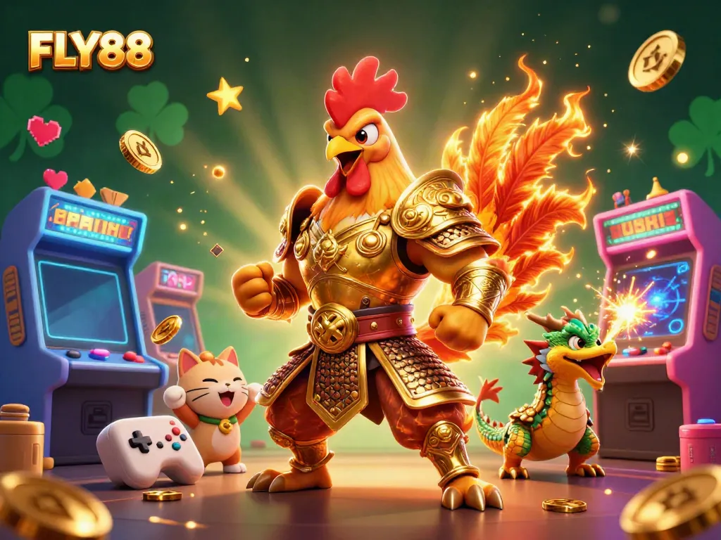 FLY88 casino illustration with a powerful rooster and dragon, showcasing vibrant 3D gaming elements.