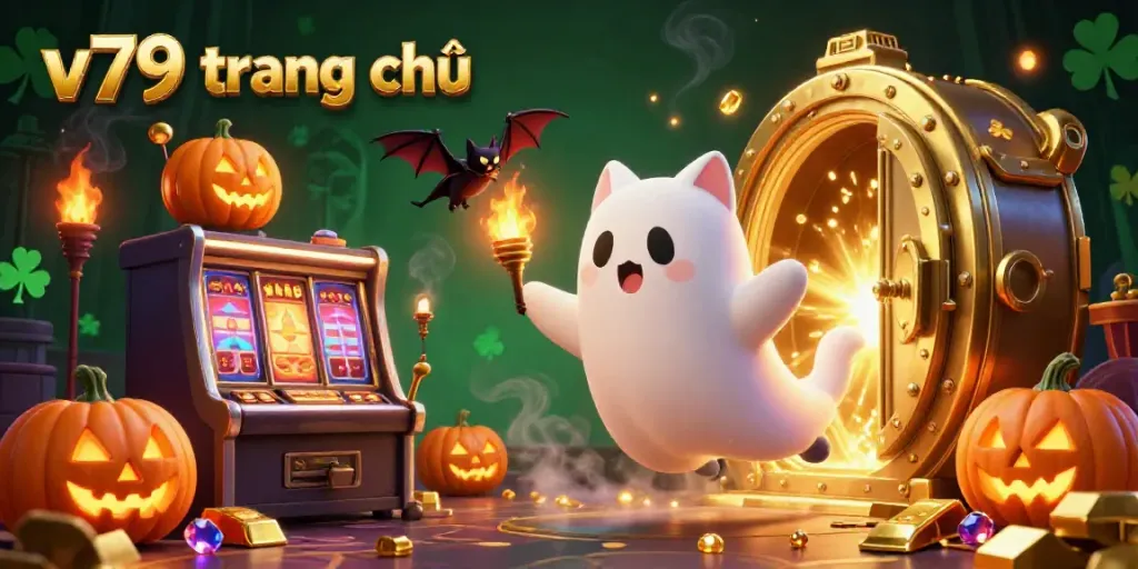 Immersive scene showcasing v79 trang chủ with a ghost cat and bat in a haunted casino setting.