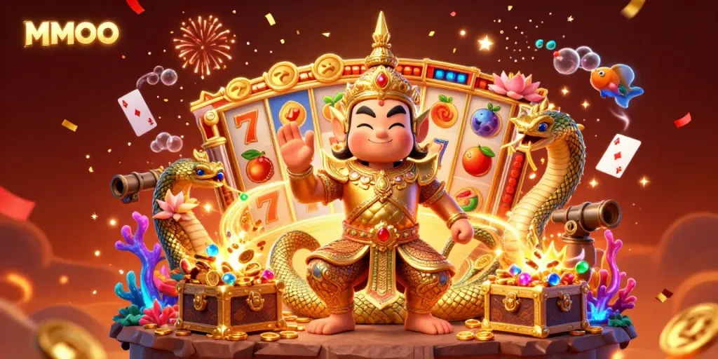 Experience dynamic gameplay at MMOO with a 3D guardian and vibrant slot elements in a rich casino scene.