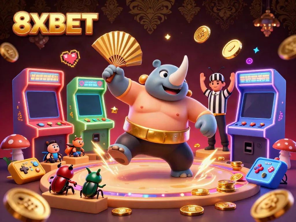 Experience thrilling online gaming action with 8XBET’s vibrant 3D casino scene featuring a rhinoceros beetle champion.